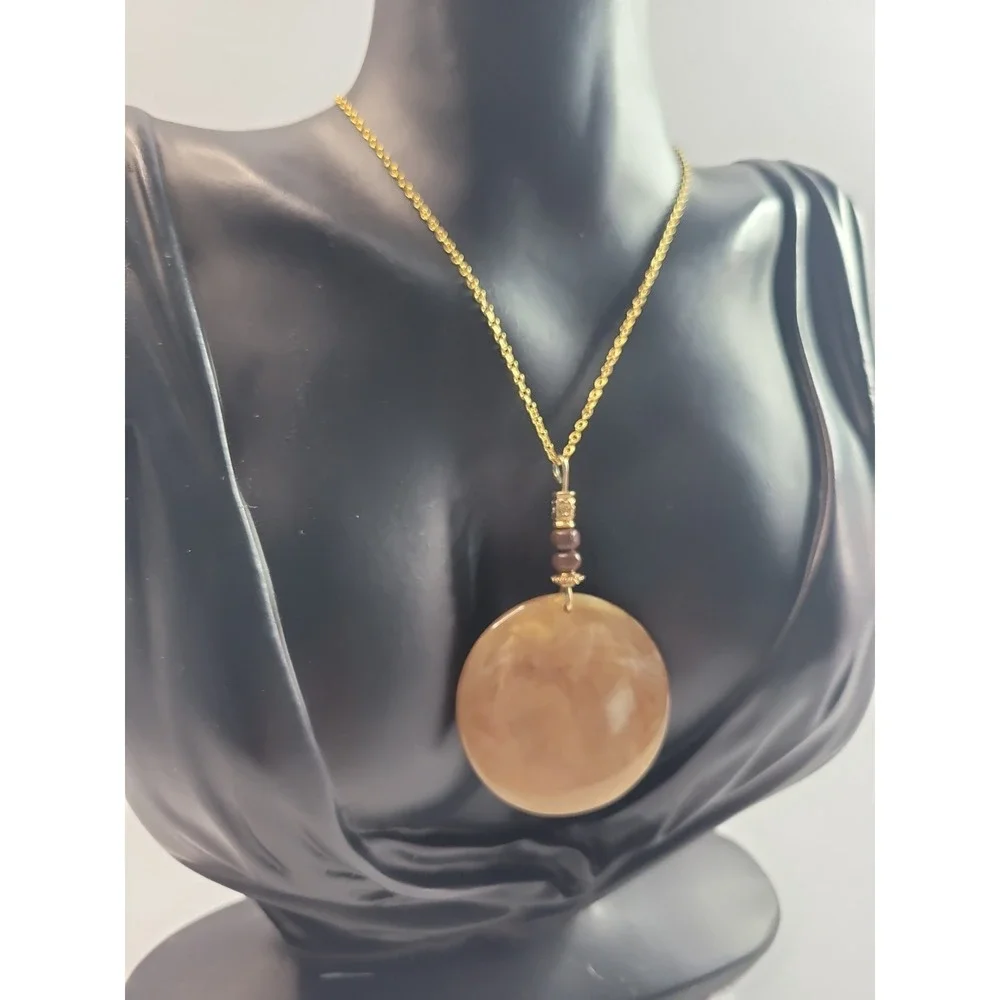 Gold Tone Tan Brown Round Disc Pendant Necklace Marbled Statement Boho Jewelry